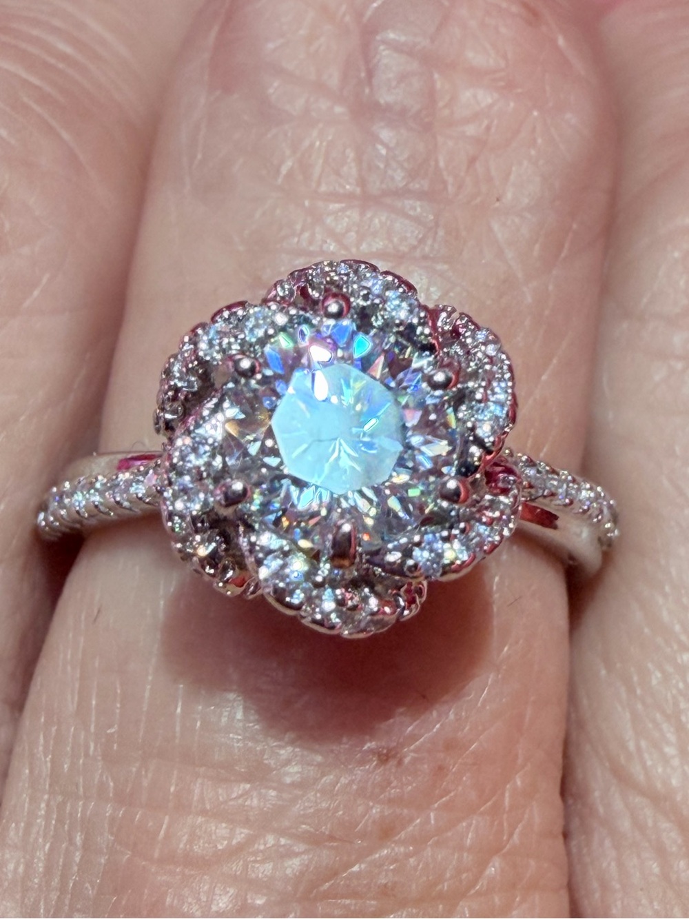 New 1 Carat Moissanite Ring with floral Halo accents and Pave' Band - Picture 3 of 13